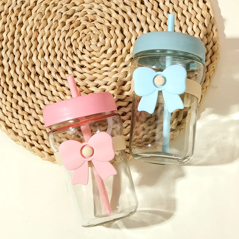 [1210300054] GELAS BOTOL KACA DENGAN SEDOTAN MOTIF PITA KUPU-KUPU FEIFAN 500ml BX70