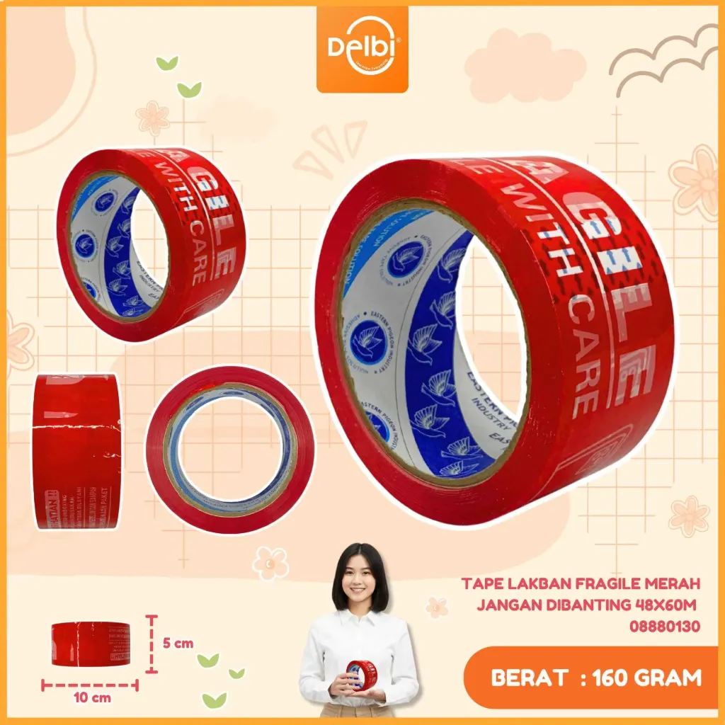 [08880130] TAPE LAKBAN FRAGILE MERAH JANGAN DIBANTING 48X60m 