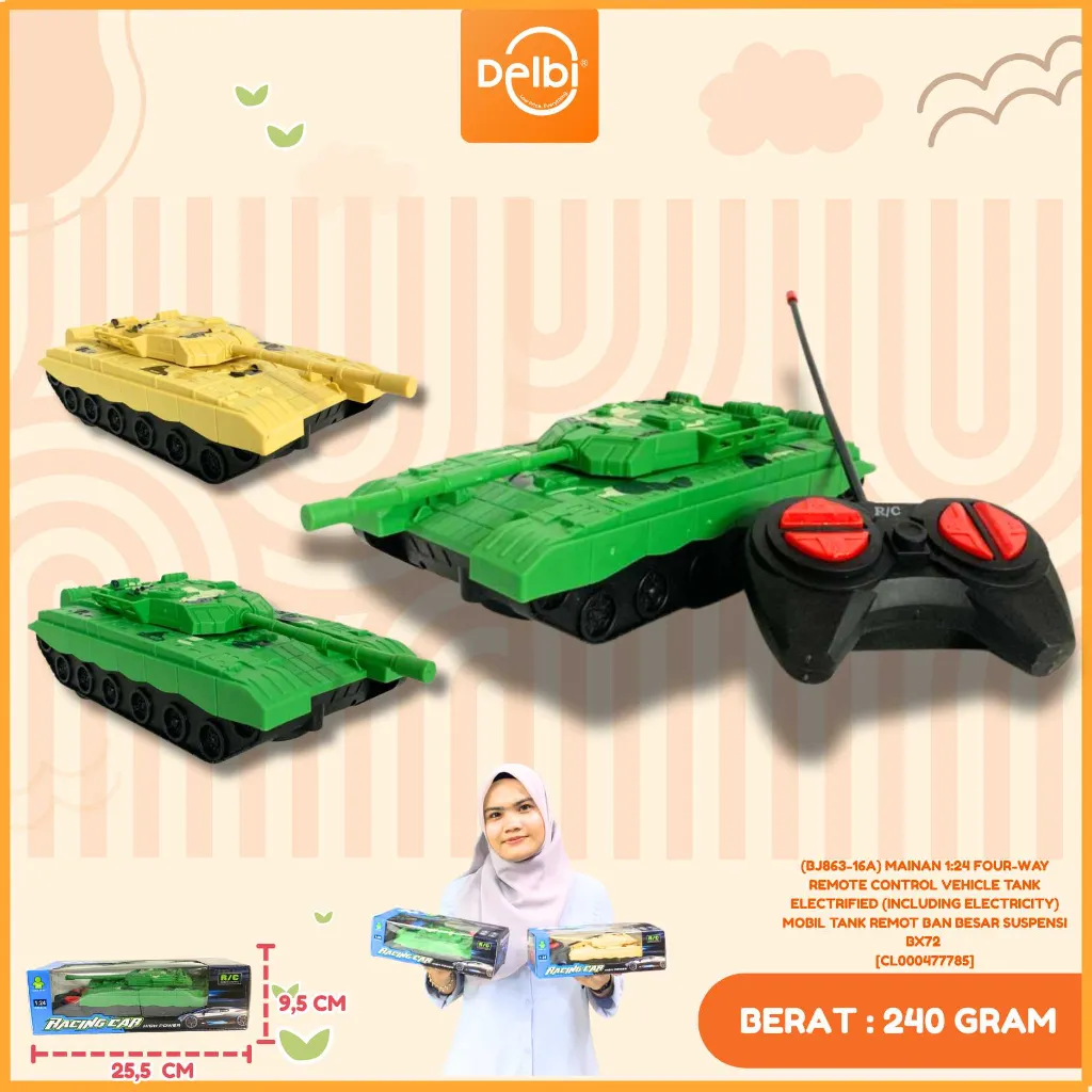 [CL000477785] (BJ863-16A) MAINAN 1:24 FOUR-WAY REMOTE CONTROL VEHICLE TANK ELECTRIFIED (INCLUDING ELECTRICITY) MOBIL TANK REMOT BAN BESAR SUSPENSI BX72
