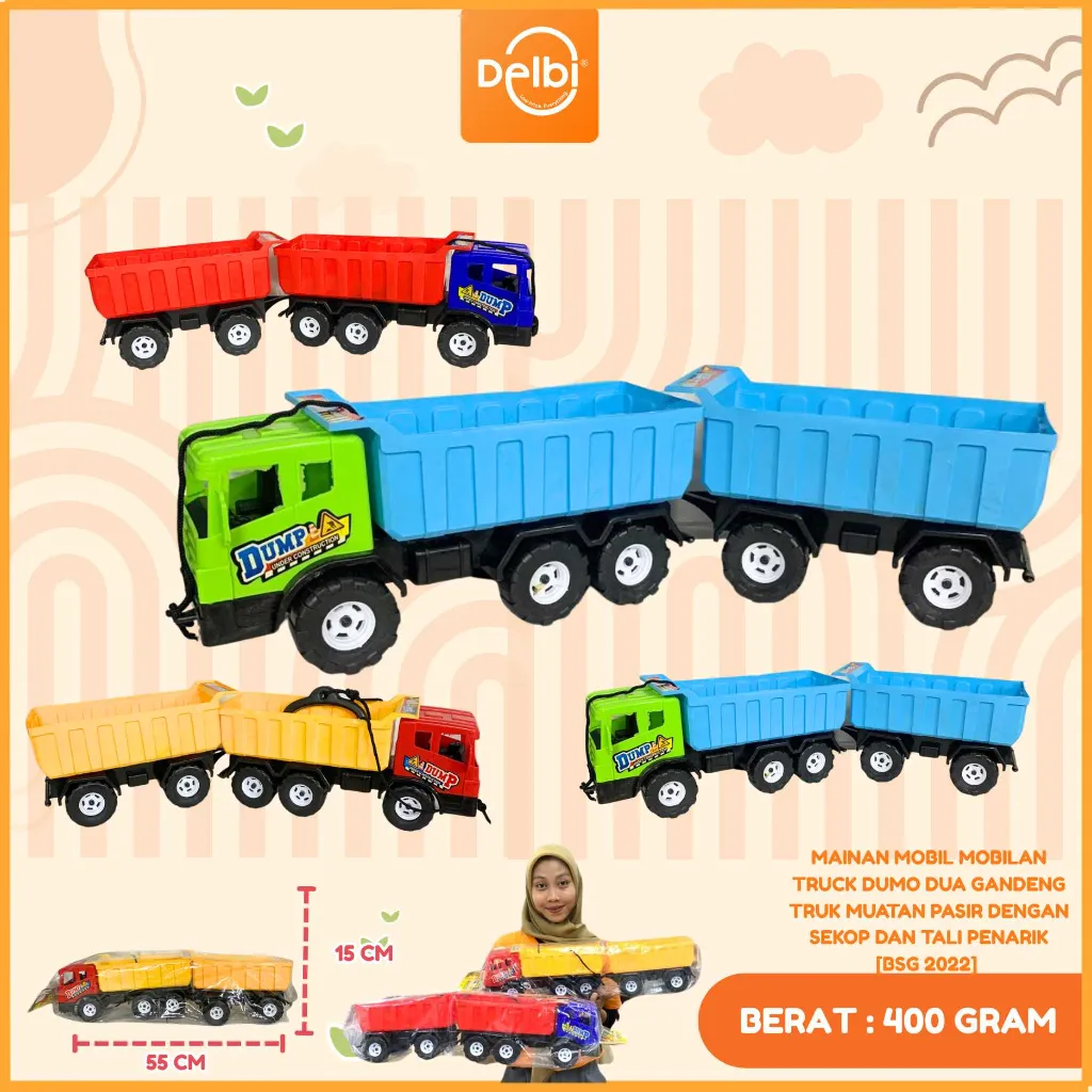 MAINAN MOBIL MOBILAN TRUCK DUMO DUA GANDENG TRUK MUATAN PASIR DENGAN SEKOP DAN TALI PENARIK BX30