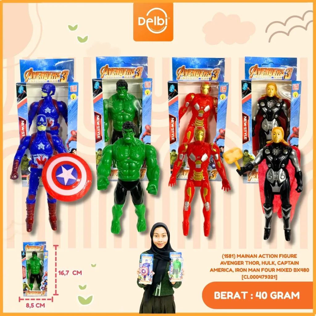 [CL000479321] (1581) MAINAN ACTION FIGURE  AVENGER THOR, HULK, CAPTAIN AMERICA, IRON MAN FOUR MIXED BX480