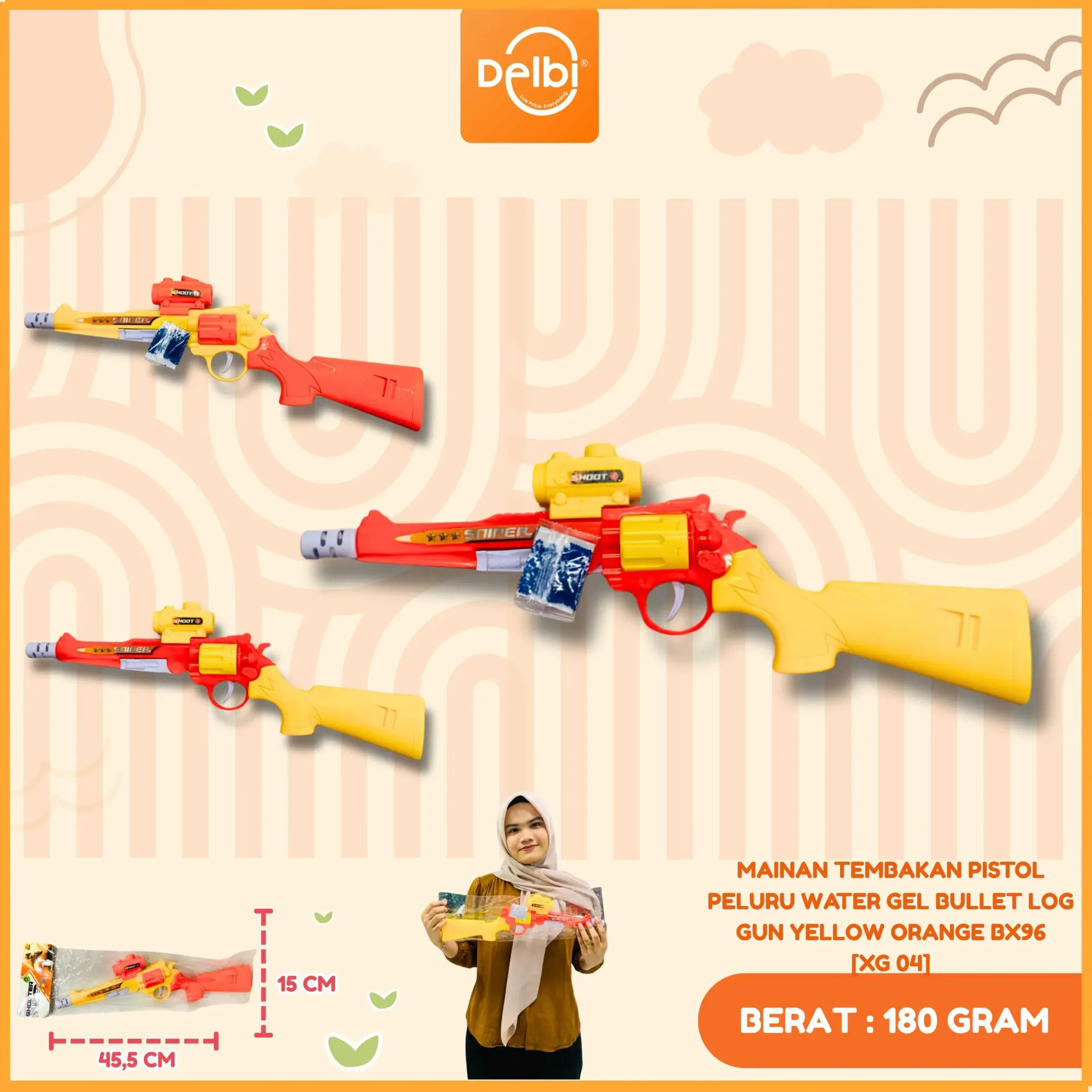 [XG 04] MAINAN TEMBAKAN PISTOL PELURU WATER GEL BULLET LOG GUN YELLOW ORANGE BX96