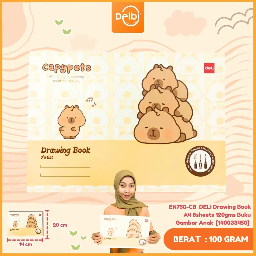 [140033450] EN750-CB  DELI Drawing Book A4 8sheets 120gms Buku Gambar Anak Sekolah Motif Capybara BX10 BX160