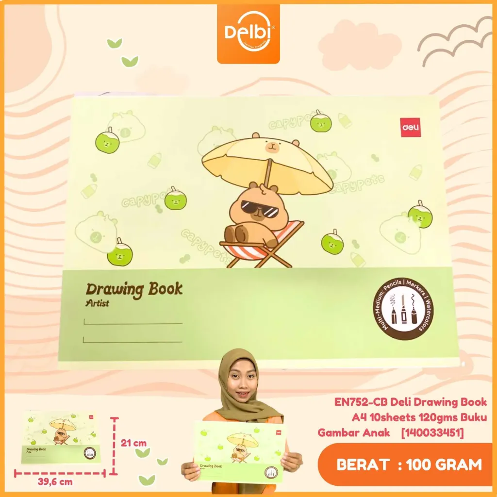 [140033451] EN752-CB Deli Drawing Book A4 10sheets 120gms Buku Gambar Anak Sekolah Motif Capybara BX5 BX160