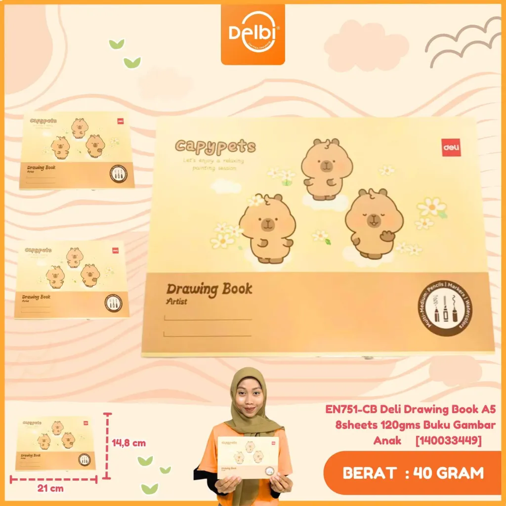 [140033449] EN751-CB Deli Drawing Book A5 8sheets 120gms Buku Gambar Anak Sekolah Motif Capybara BX10 BX360