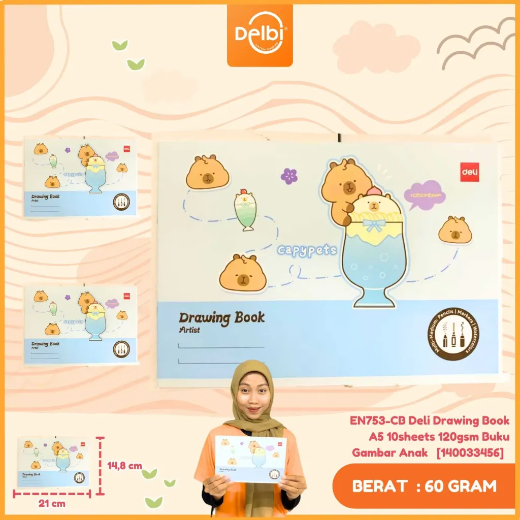EN753-CB Deli Drawing Book A5 10sheets 120gsm Buku Gambar Anak Sekolah Motif Capybara BX5 BX360