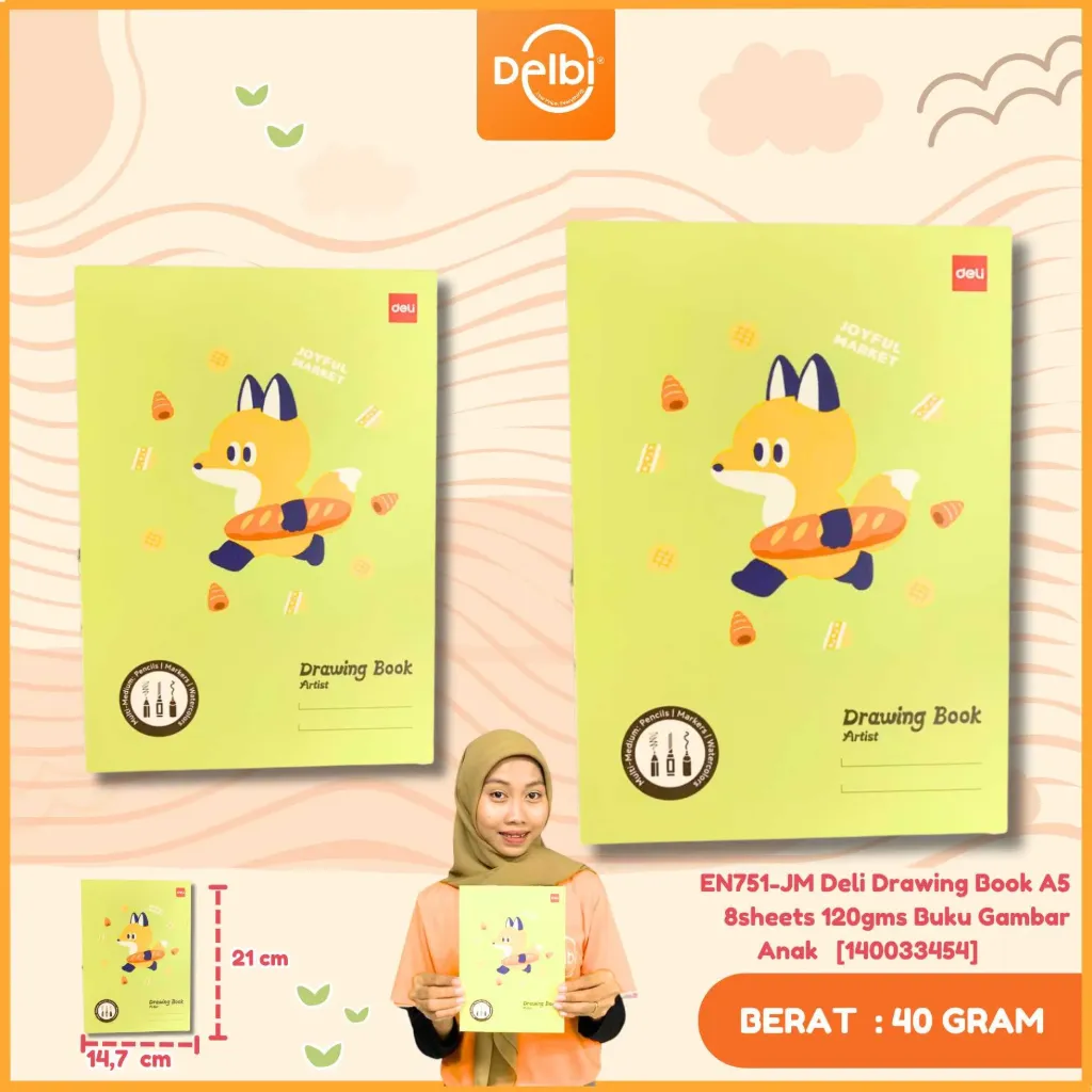 EN751-JM Deli Drawing Book A5 8sheets 120gms Buku Gambar Anak Sekolah Motif Animal Lucu Kartun Hewan BX10 BX360