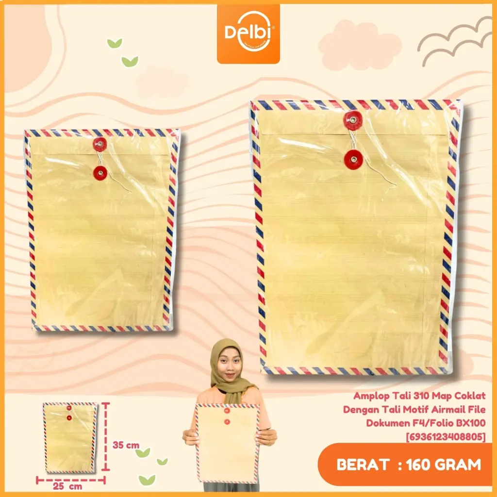 [6936123408805] Amplop Tali 310 Map Coklat Dengan Tali Motif Airmail File Dokumen F4/Folio BX100