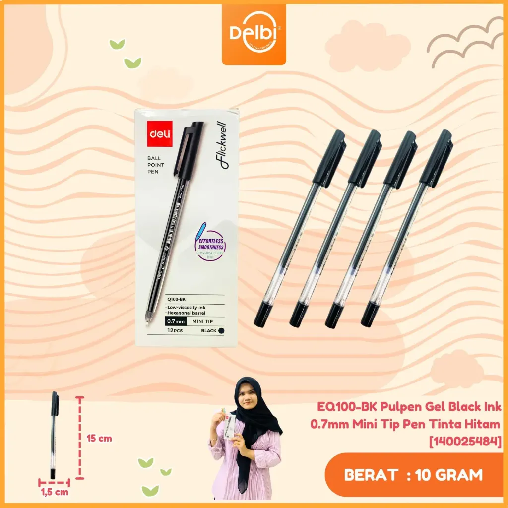 [140025484] EQ100-BK Pulpen Gel Black Ink 0.7mm Mini Tip Pen Tinta Hitam BX12 BX144 BX1728