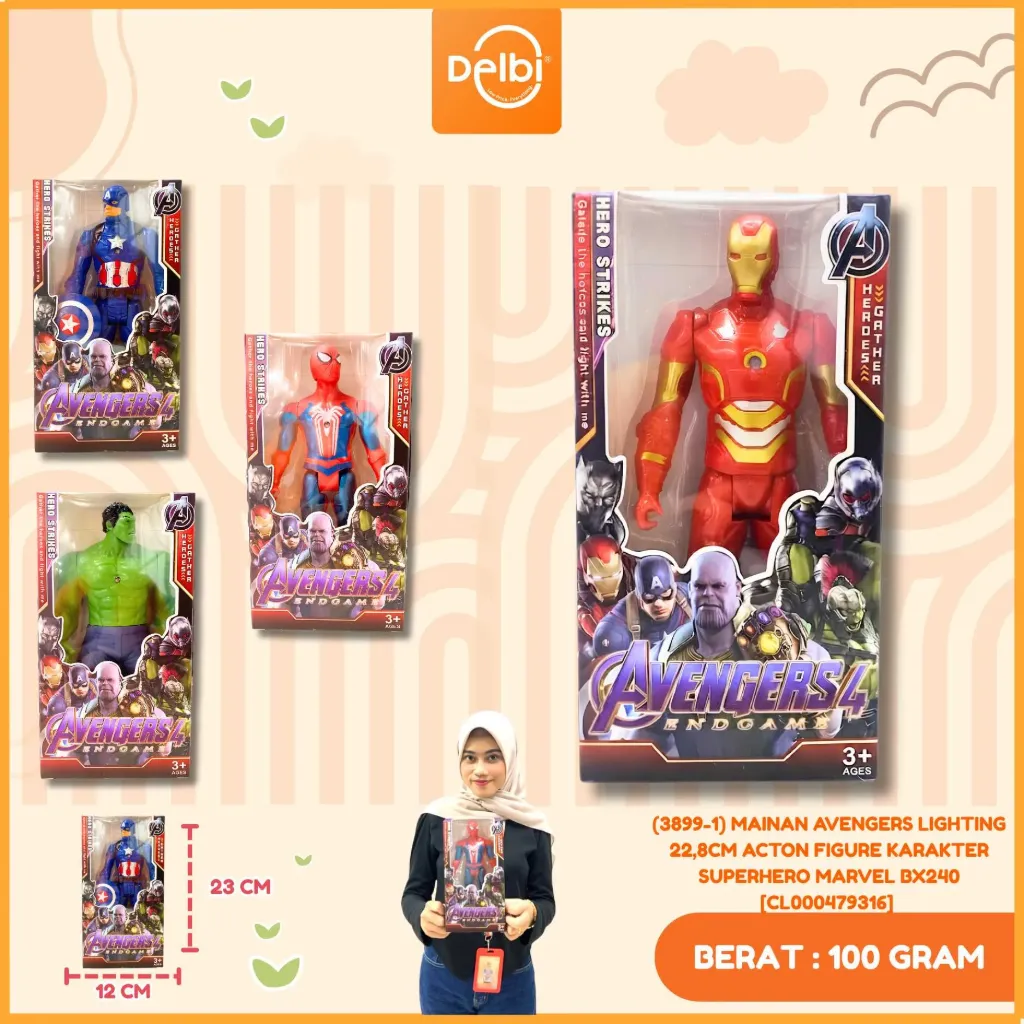 [CL000479316] (3899-1) MAINAN AVENGERS LIGHTING 22,8CM ACTON FIGURE KARAKTER SUPERHERO MARVEL BX240