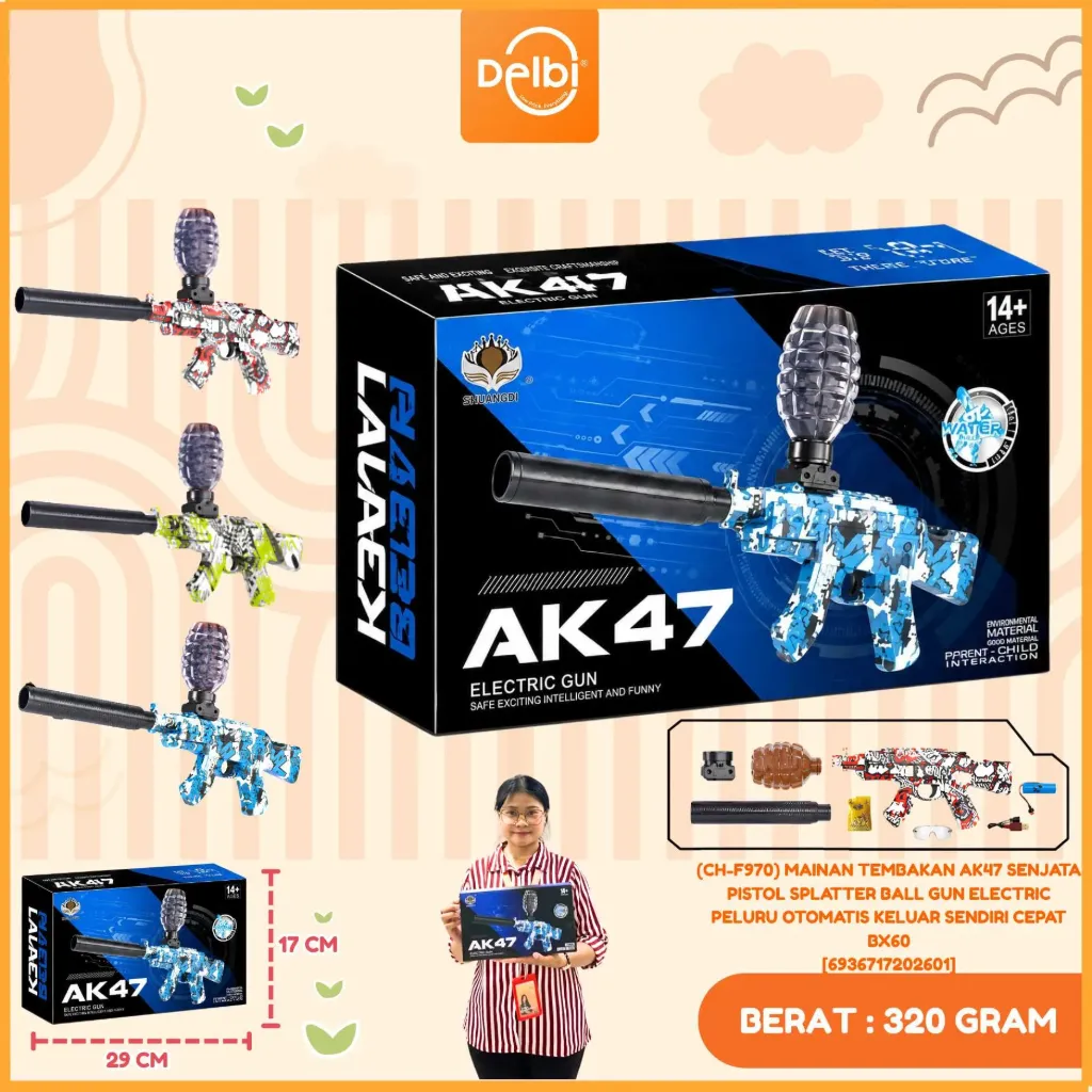 [6936717202601] (CH-F970) MAINAN TEMBAKAN AK47 SENJATA PISTOL SPLATTER BALL GUN ELECTRIC PELURU OTOMATIS KELUAR SENDIRI CEPAT BX60