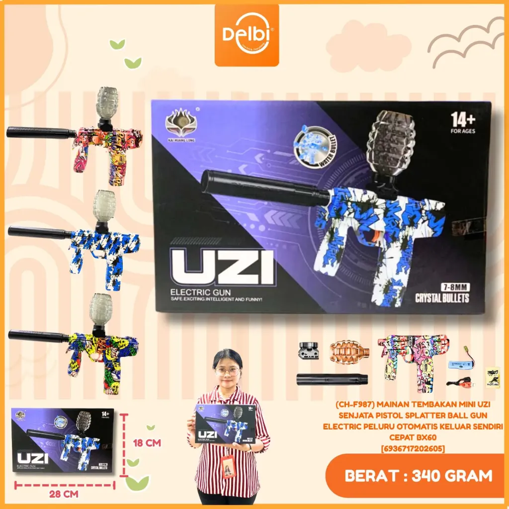 [6936717202605] (CH-F987) MAINAN TEMBAKAN MINI UZI SENJATA PISTOL SPLATTER BALL GUN ELECTRIC PELURU OTOMATIS KELUAR SENDIRI CEPAT BX60