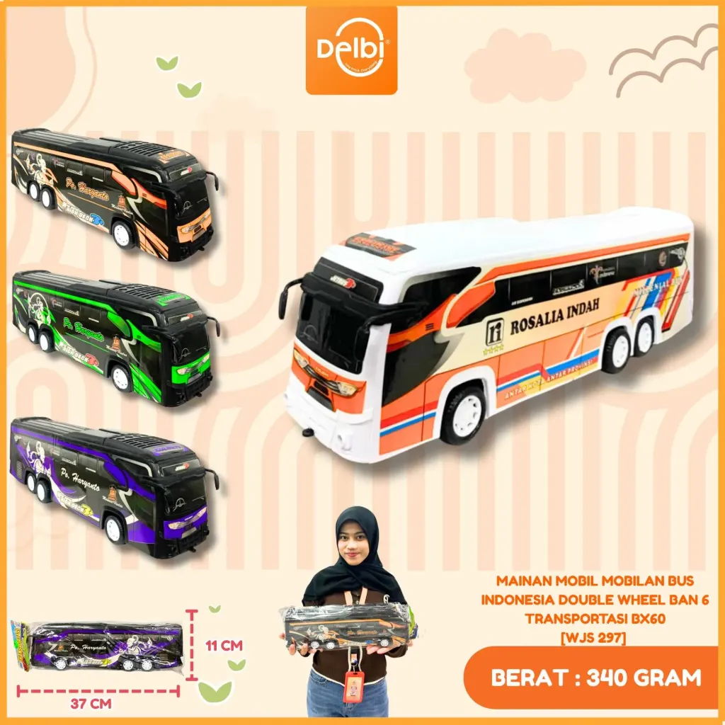 MAINAN MOBIL MOBILAN BUS INDONESIA DOUBLE WHEEL BAN 6 TRANSPORTASI PLASTIK PP BX60