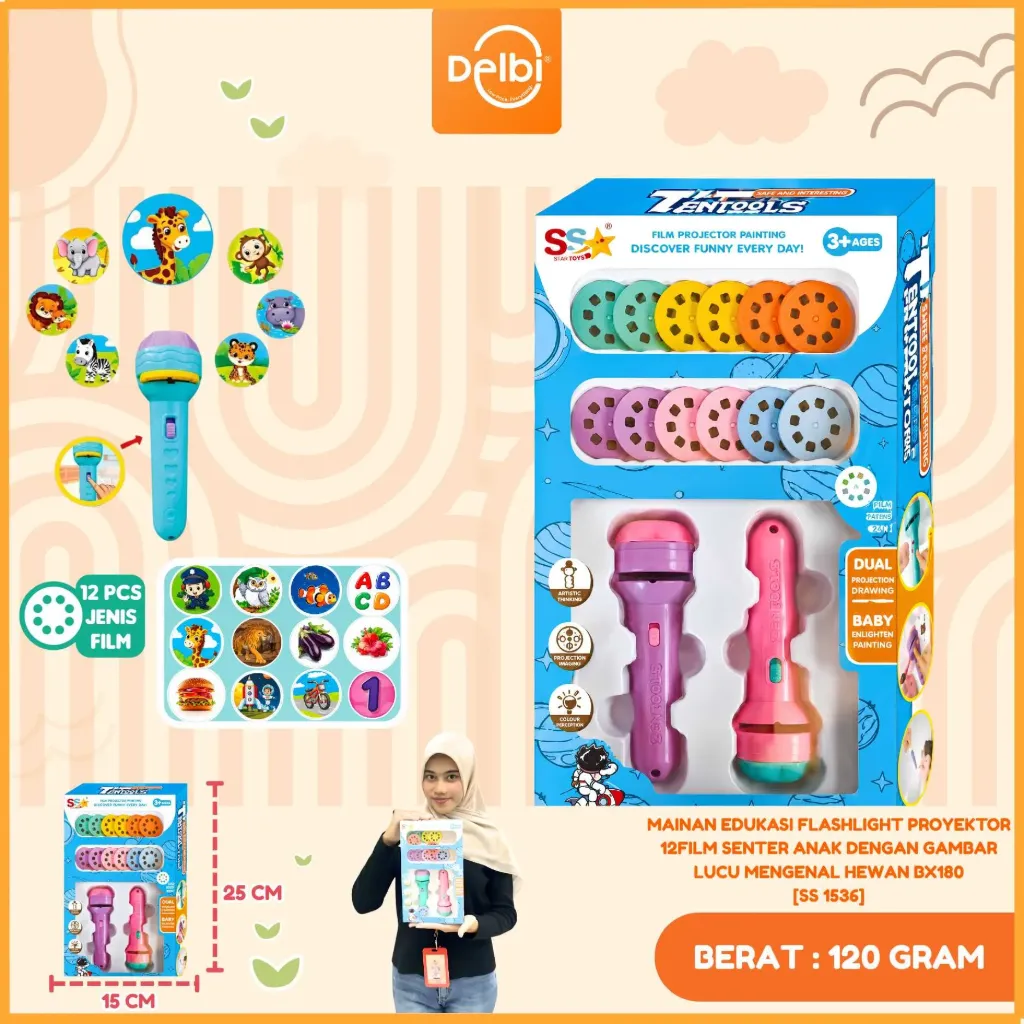 [SS 1536] MAINAN EDUKASI FLASHLIGHT PROYEKTOR 12FILM SENTER ANAK DENGAN GAMBAR LUCU MENGENAL HEWAN BX180