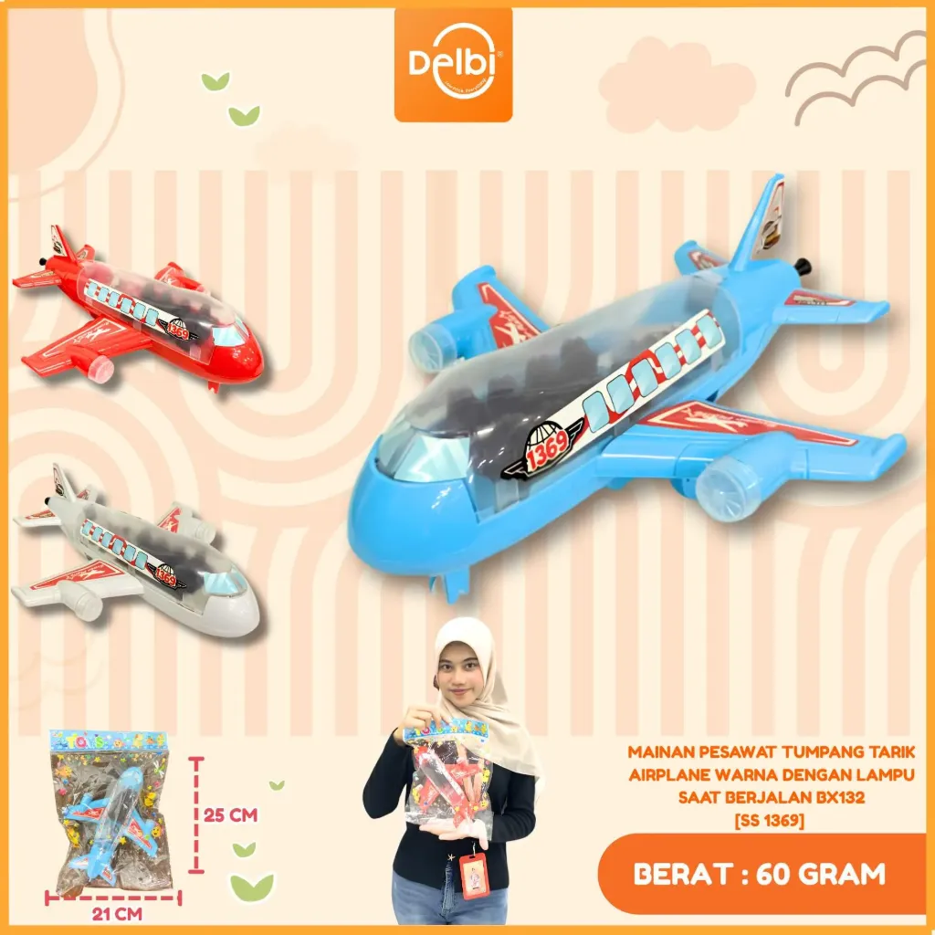 [SS 1369] MAINAN PESAWAT TUMPANG TARIK AIRPLANE WARNA DENGAN LAMPU SAAT BERJALAN OPP BX132