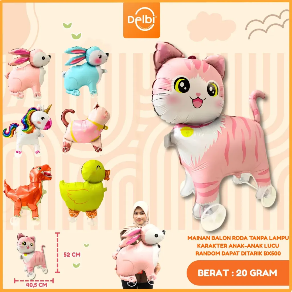 MAINAN BALON FOIL STANDING RODA TANPA LAMPU KARAKTER ANAK-ANAK LUCU RANDOM DAPAT DITARIK BX500