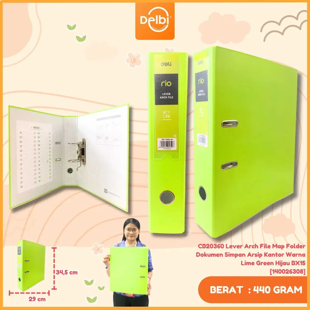 CB20360 Lever Arch File Map Folder Dokumen Simpan Arsip Kantor Warna Lime Green Hijau BX15