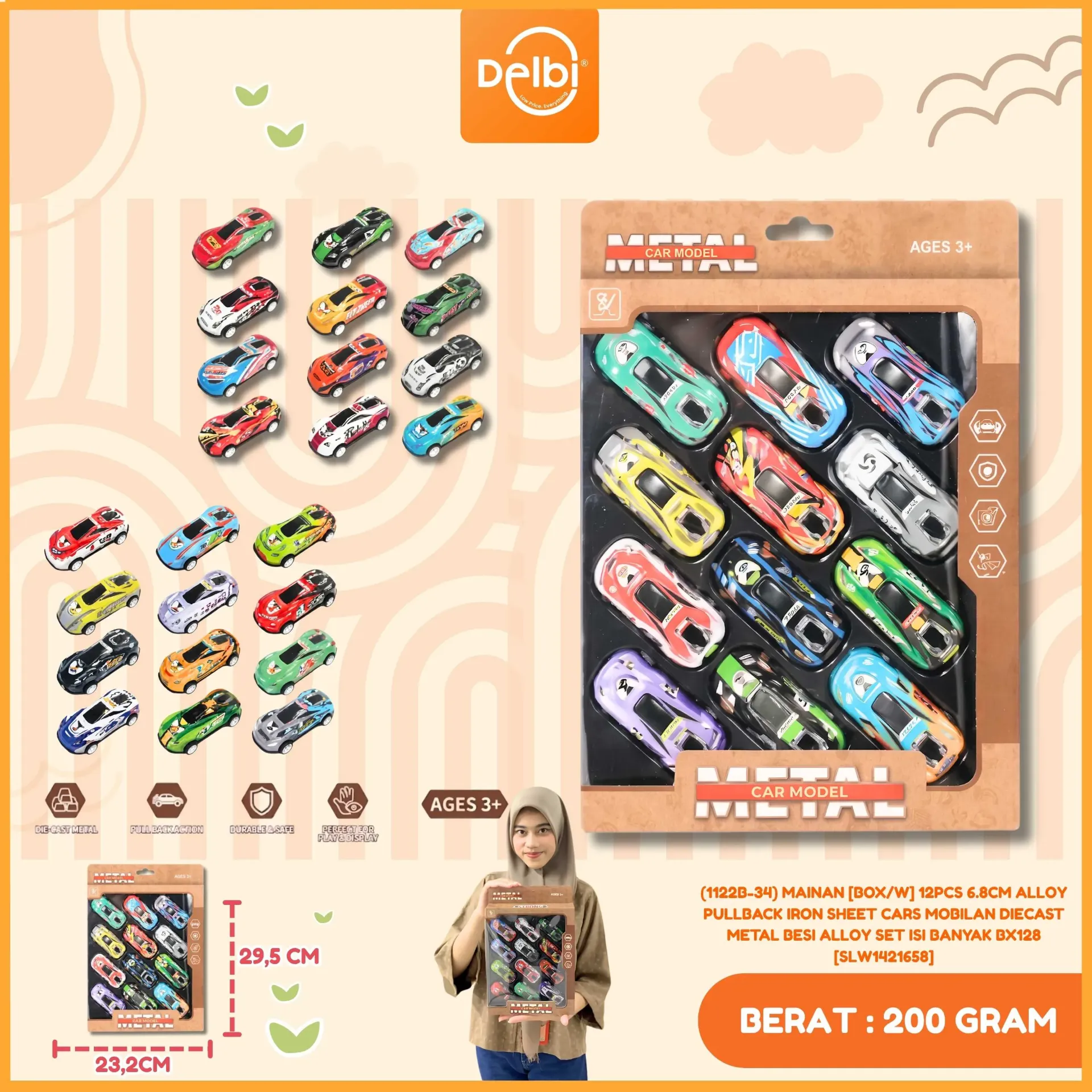 [SLW1421658] (1122B-34) MAINAN [BOX/W] 12PCS 6.8CM ALLOY PULLBACK IRON SHEET CARS MOBILAN DIECAST METAL BESI ALLOY SET ISI BANYAK BX128