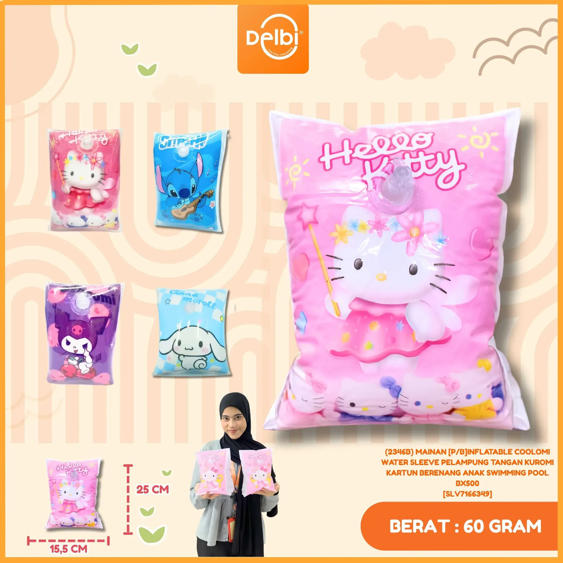 [SLV7166349] (2346B) MAINAN [P/B]INFLATABLE COOLOMI WATER SLEEVE PELAMPUNG TANGAN KUROMI KARTUN BERENANG ANAK SWIMMING POOL BX500