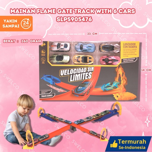 [SLP5905476] (NQ-162) MAINAN FLAME GATE TRACK WITH 6 CARS 96PCS MOBIL KECIL ARENA SET DUS KERETA BX120