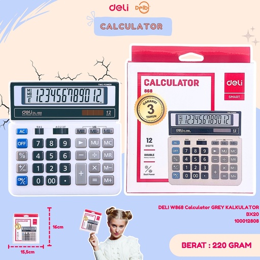 [100012808] DELI W868 Calculator GREY KALKULATOR BX20