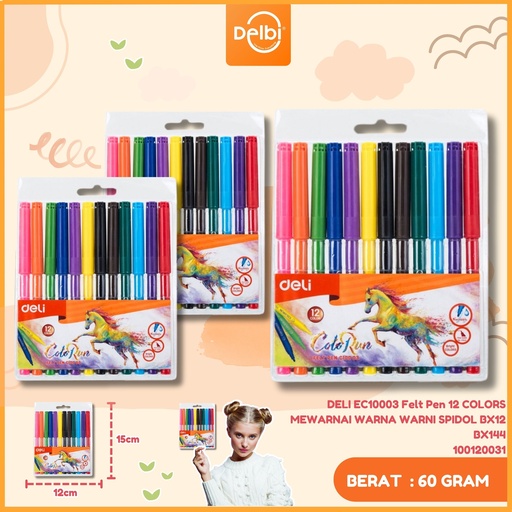 [100120031] DELI EC10003 Felt Pen 12 COLORS MEWARNAI WARNA WARNI SPIDOL BX12 BX144