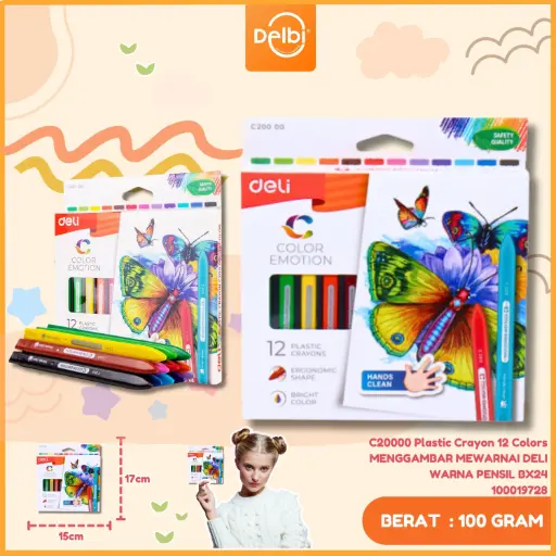 [100019728] C20000 Plastic Crayon 12 Colors MENGGAMBAR MEWARNAI DELI WARNA PENSIL BX24