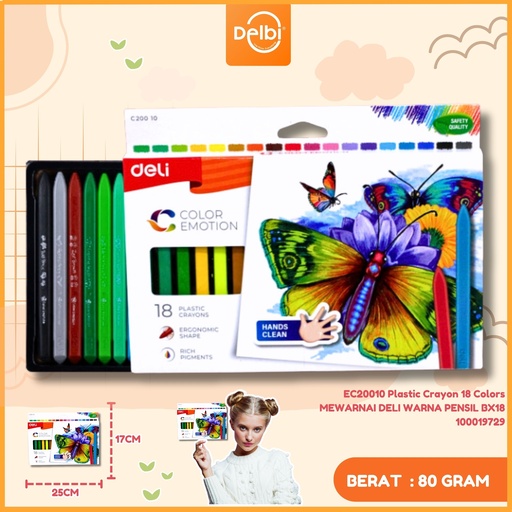 [100019729] EC20010 Plastic Crayon 18 Colors MEWARNAI DELI WARNA PENSIL BX18