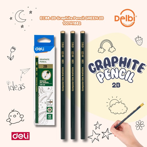 [100141882] EC88-2B Graphite Pencil GREEN 2B DELI PENSIL BX6 BX240 BX1728