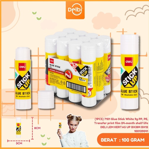 [100139041] (1PCS) 7101 Glue Stick White 9g PP, PE, Transfer print film 24-month shelf life DELI LEM KERTAS UP BX384 BX12