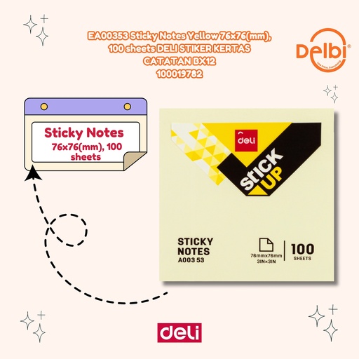 [100019782] EA00353 Sticky Notes Yellow 76x76(mm), 100 sheets DELI STIKER KERTAS CATATAN BX12