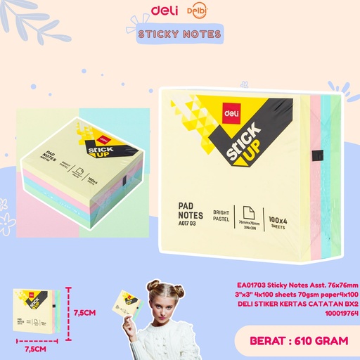 [100019764] EA01703 Sticky Notes Asst. 76x76mm 3''x3'' 4x100 sheets 70gsm paper4x100 DELI STIKER KERTAS CATATAN BX2