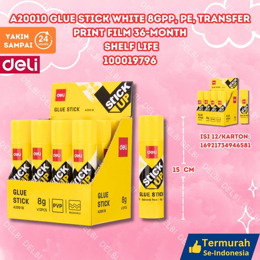 [100019796] A20010 Glue Stick White 8gPP, PE, Transfer print film 36-month shelf life DELI LEM KERTAS UP BX12 BX576