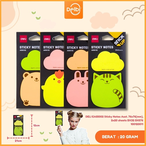 [100120011] DELI EA55002 Sticky Notes Asst. 76x76(mm), 2x20 sheets BX32 BX576