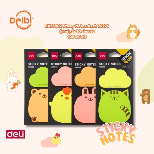[100120011] DELI EA55002 Sticky Notes Asst. 76x76(mm), 2x20 sheets BX32