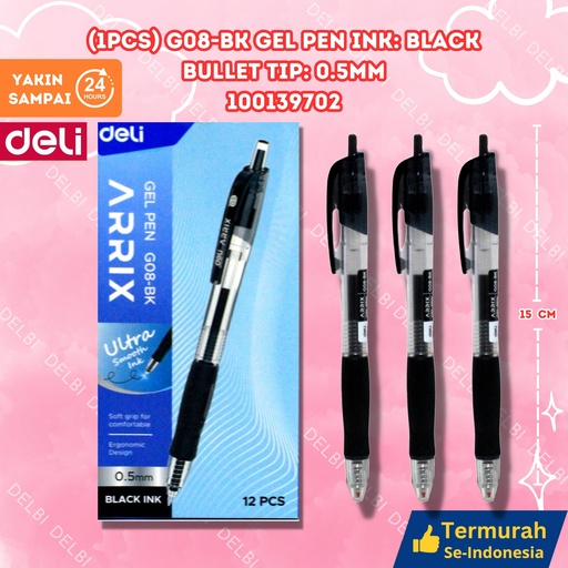 [100139702] DELI (1PCS) G08-BK Gel Pen Ink Black Bullet tip 0.5mm BX144 BX3 BX1728