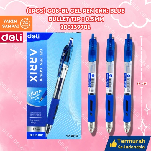 [100139701] DELI (1PCS) G08-BL Gel Pen Ink Blue Bullet tip 0.5mm BX144 BX3