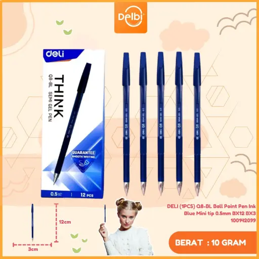 [100142099] DELI (1PCS) Q8-BL Ball Point Pen Ink Blue Mini tip 0.5mm BX12 BX3