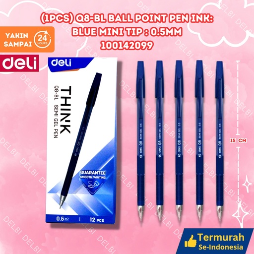 [100142099] DELI (1PCS) Q8-BL Ball Point Pen Ink Blue Mini tip 0.5mm BX12 BX3