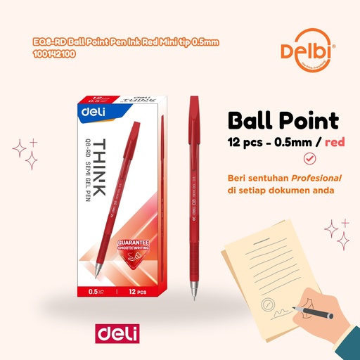 [100142100] DELI Q8-RD Ball Point Pen Ink Red Mini tip 0.5mm BX12 BX144