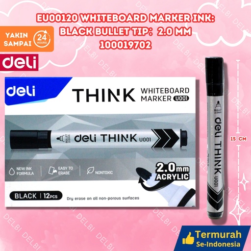 [100019702] U00120 Whiteboard Marker Ink Black Bullet tip 2.0mm TINTA PAPAN TULIS SPIDOL HITAM DELI BX96