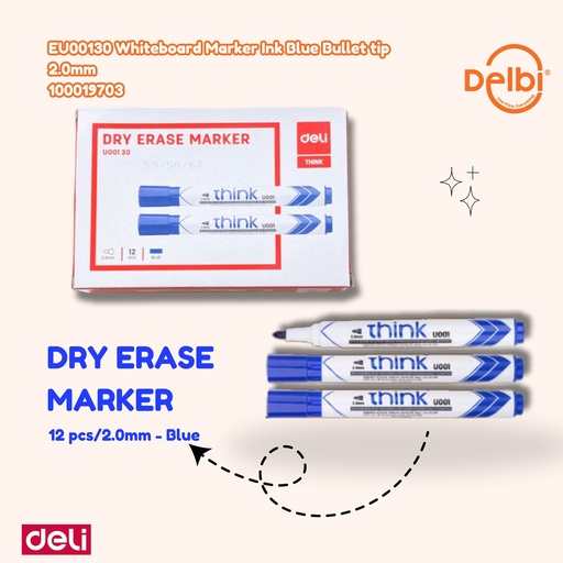 [100019703] DELI EU00130 Whiteboard Marker Ink Blue Bullet tip 2.0mm TINTA SPIDOL BX2 BX12 BX96 BX960