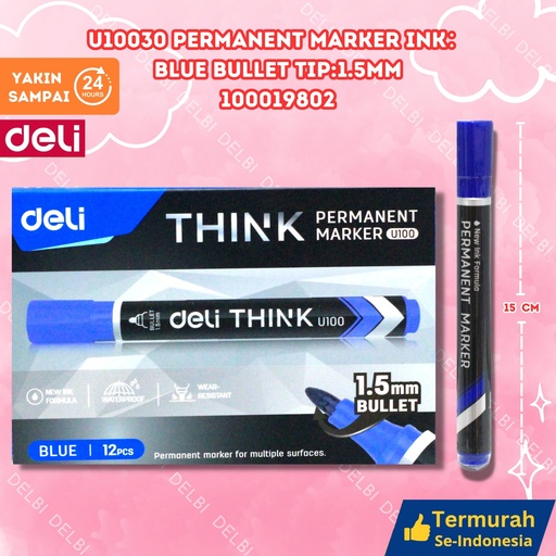 [100019802] DELI U10030 Permanent Marker Ink Blue Bullet tip1.5mm SPIDOL BX2 BX12 BX96 BX960