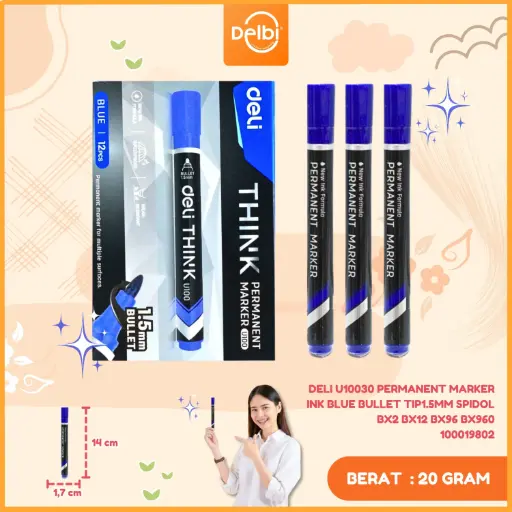 [100019802] DELI U10030 Permanent Marker Ink Blue Bullet tip1.5mm SPIDOL BX2 BX12 BX96 BX960