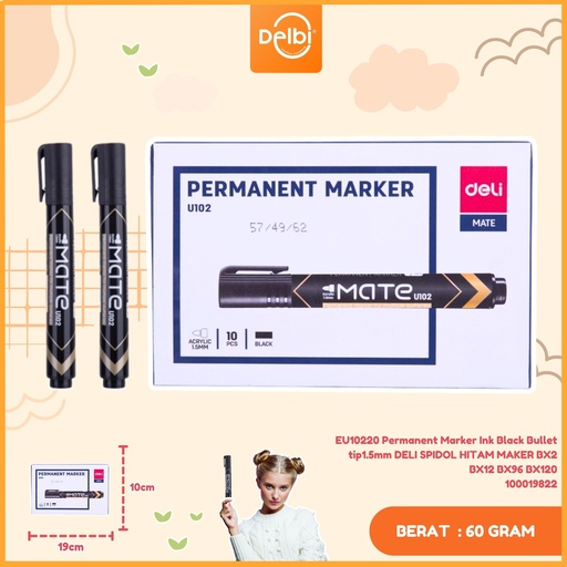 [100019822] EU10220 Permanent Marker Ink Black Bullet tip1.5mm DELI SPIDOL HITAM MAKER BX2 BX12 BX96 BX120