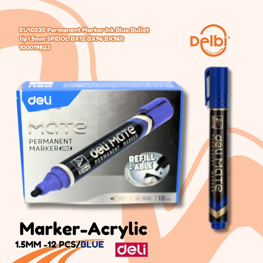 [100019823] DELI EU10230 Permanent Marker Ink Blue Bullet tip1.5mm SPIDOL BX12 BX96 BX960