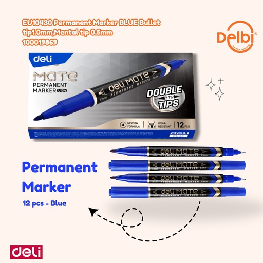 [100019869] DELI EU10430 Permanent Marker BLUE Bullet tip1.0mm,Mental tip 0.5mm SPIDOL BX144