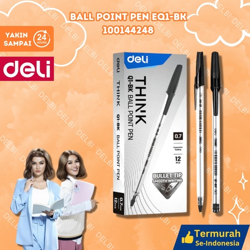 [100144248] EQ1-BK Ball Point Pen Ink Black Bullet tip0.7mm BALLPEN DELI 0.7MM BX144 BX12 BX3 BX1728