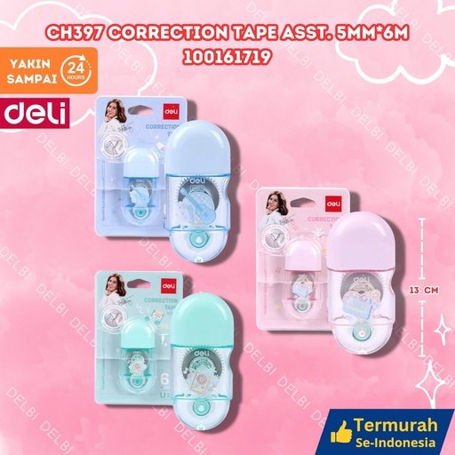 [100161719] CH397 Correction Tape ASST. 5mm 6m DELI TIPEX KERTAS BX24