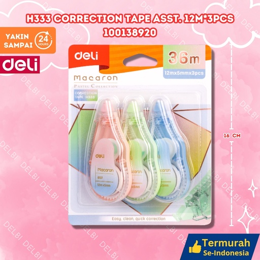 [100138920] H333 Correction Tape ASST. 12m 3pcs DELI TIPEX KERTAS ISI 3 BX12 BX324